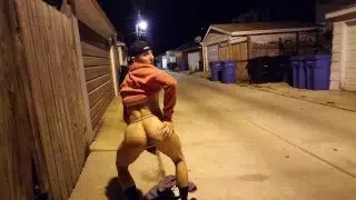 Hot Jock in a jockstrap strips naked in an empty back street and cums all over