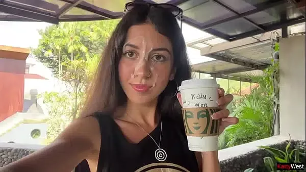 Crazy CUMWALK in STARBUCKS – Blowjob in Public Toilet, Drinking coffee with Sperm