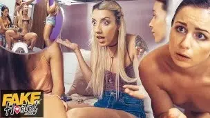 Fake Hostel – anal threesome and wild fucking as group of girls film their friend having hot sex with older guy
