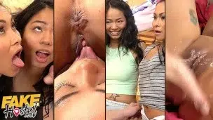 Fake Hostel – Two tiny Thai girls fucked hard until they squirt over each other